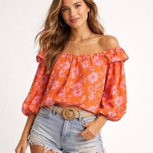 Free People Orange Pink Floral Off Shoulder Ruffle Smocked Peasant Top LG